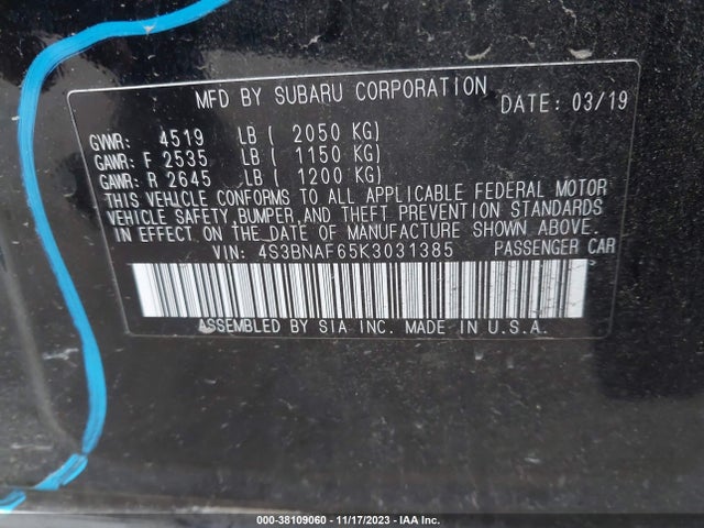 Продажа на аукционе авто 2019 Subaru Legacy 2.5i Premium, vin: 4S3BNAF65K3031385, номер лота: 38109060