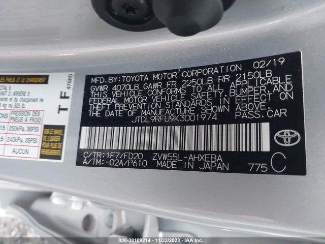 Продаж на аукціоні авто 2019 Toyota Prius Le, vin: JTDL9RFU9K3001974, номер лоту: 38109214