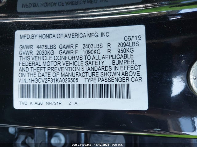 2019 HONDA ACCORD SPORT 2.0T VIN: 1HGCV2F31KA026505