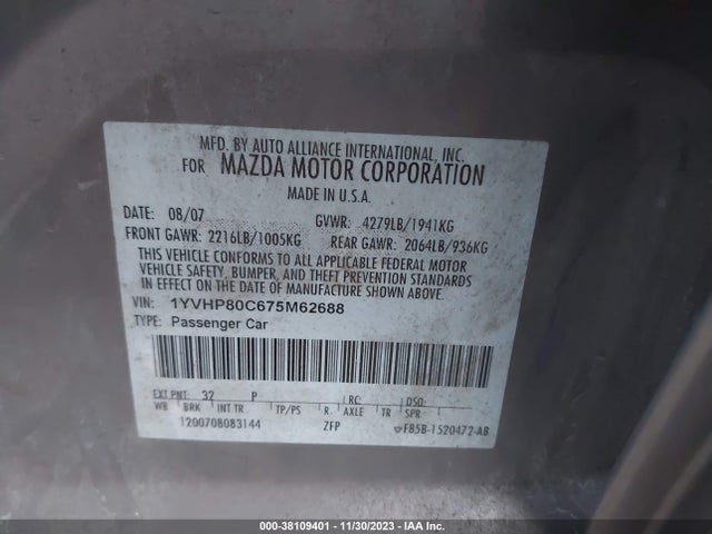 2007 MAZDA MAZDA6 I SPORT VE VIN: 1YVHP80C675M62688