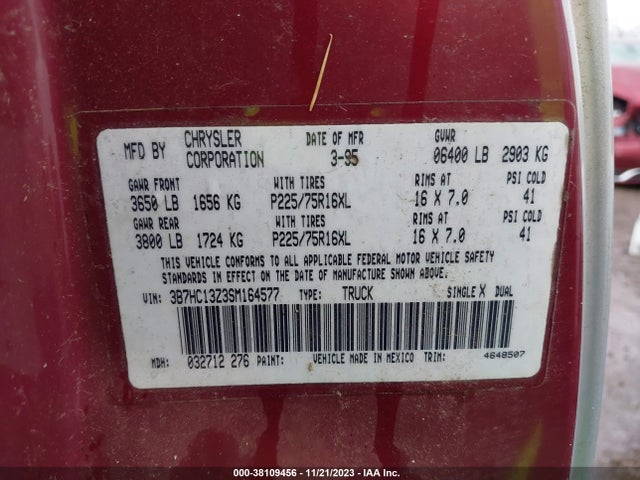 1995 DODGE RAM 1500 VIN: 3B7HC13Z3SM164577