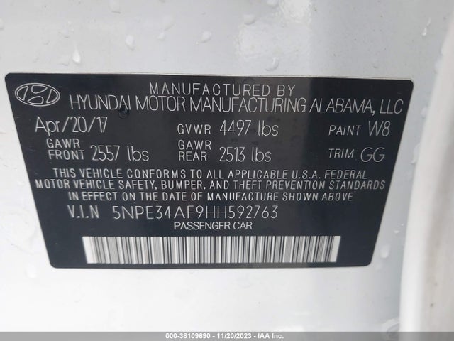 Hyundai Sonata Limited 2017 5NPE34AF9HH592763 Image 9