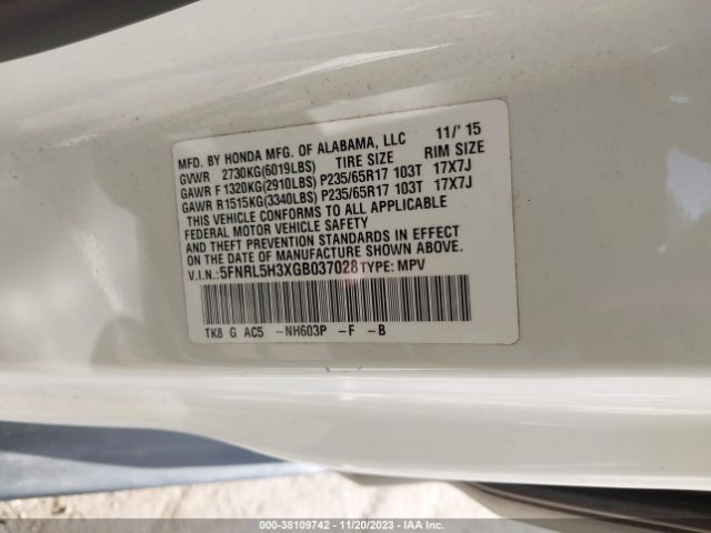 5FNRL5H3XGB037028 Honda ODYSSEY SE