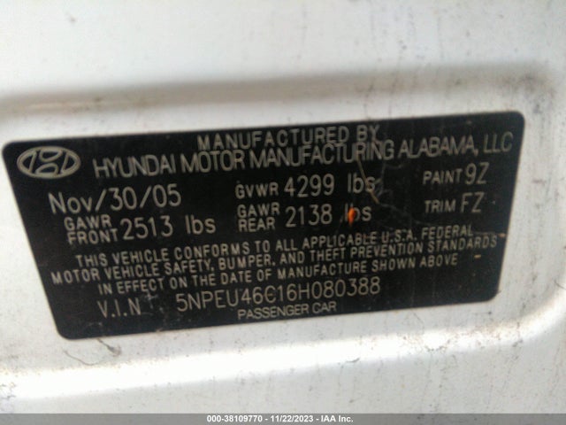 2006 HYUNDAI SONATA GLS VIN: 5NPEU46C16H080388