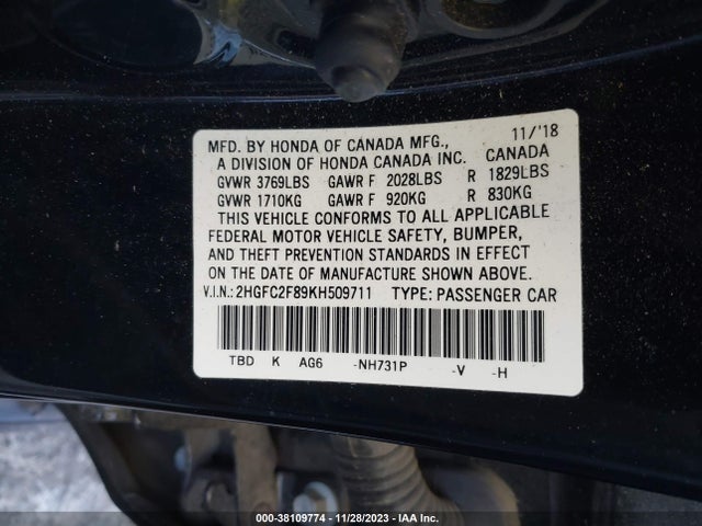 Honda Civic Sport 2019 2HGFC2F89KH509711 Image 9