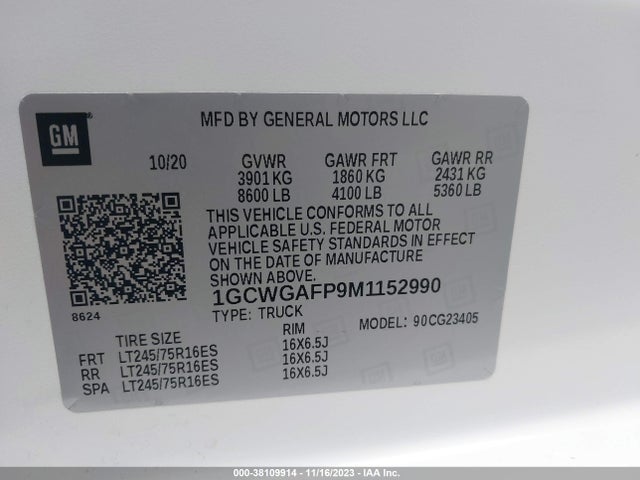 Chevrolet Express Cargo Rwd 2500 Regular 2021 1GCWGAFP9M1152990 Image 9