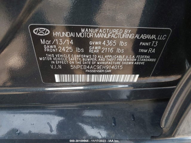 2014 HYUNDAI SONATA GLS VIN: 5NPEB4AC9EH914015
