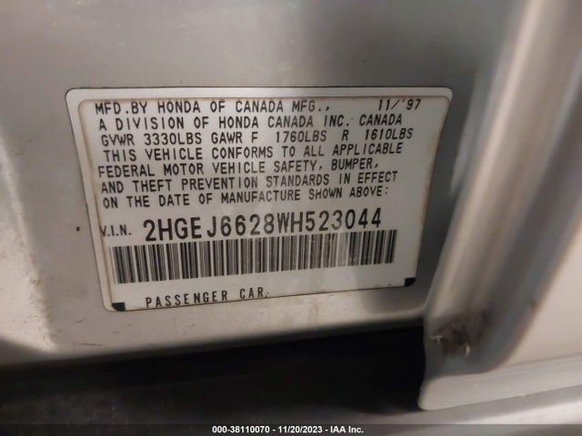 1998 HONDA CIVIC DX VIN: 2HGEJ6628WH523044