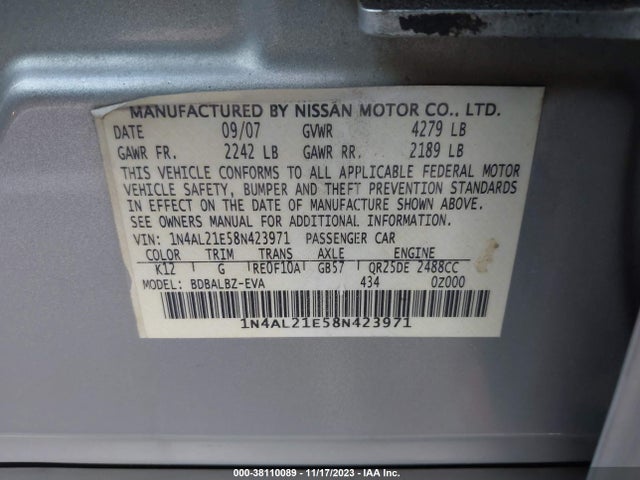 2008 NISSAN ALTIMA 2.5 S VIN: 1N4AL21E58N423971