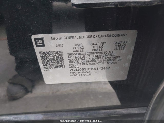2019 CHEVROLET IMPALA PREMIER VIN: 2G1105S31K9142447