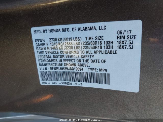 5FNRL6H89JB019094 Honda Odyssey Touring