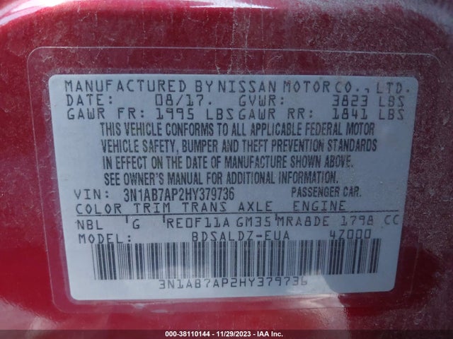 2017 NISSAN SENTRA SV VIN: 3N1AB7AP2HY379736