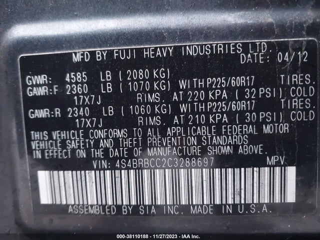 2012 SUBARU OUTBACK 2.5I PREMIUM VIN: 4S4BRBCC2C3288697