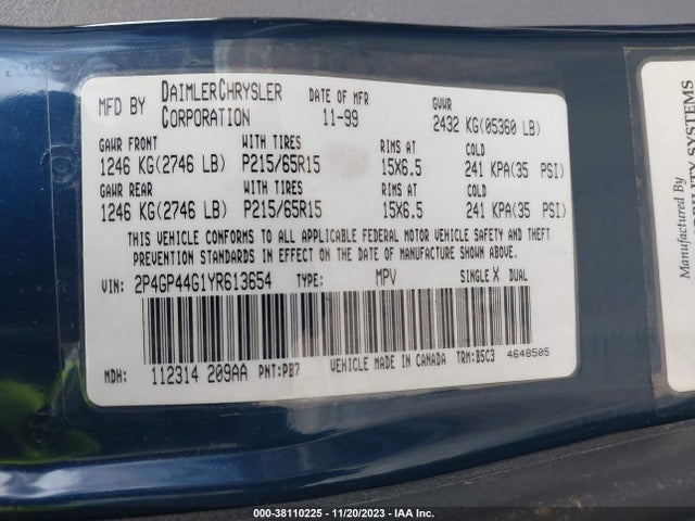 2000 PLYMOUTH VOYAGER GRAND SE VIN: 2P4GP44G1YR613654