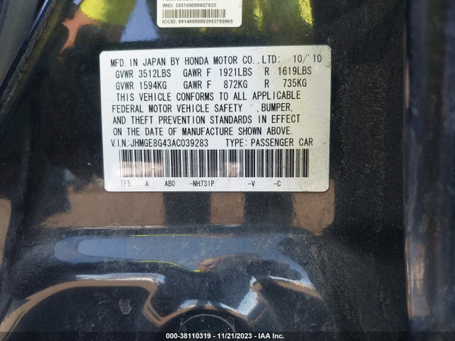 2010 HONDA FIT SPORT VIN: JHMGE8G43AC039283