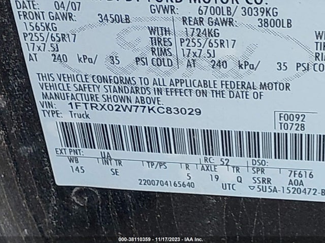 2007 FORD F-150 XLT/STX VIN: 1FTRX02W77KC83029