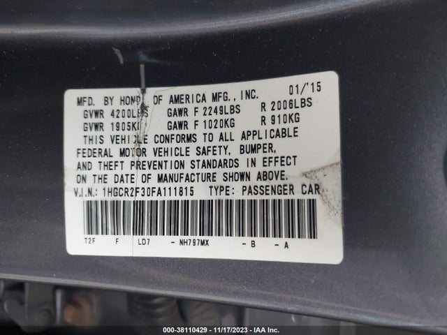 Honda ACCORD LX 2015 1HGCR2F30FA111815 Image 9