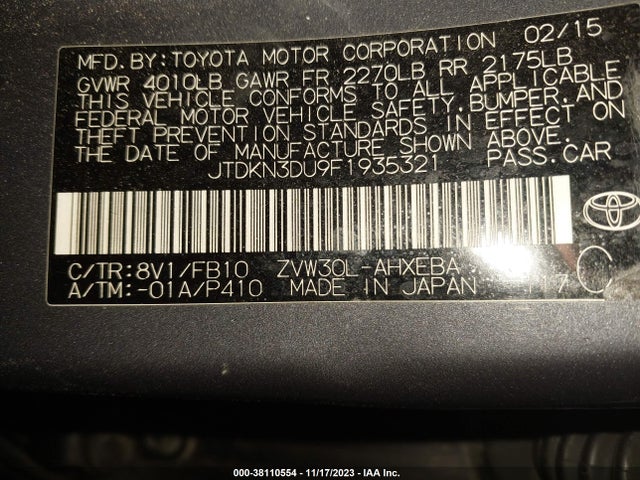 Toyota Prius Two 2015 JTDKN3DU9F1935321 Image 9