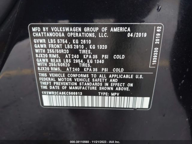 1V2WR2CA8KC566813 Volkswagen Atlas 3.6l V6 Se W/technology