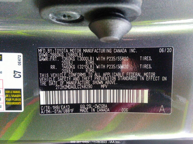 38110592 :رقم المزاد ، 2T2HZMDA0LC248290 vin ، 2020 Lexus Rx Rx 350 مزاد بيع
