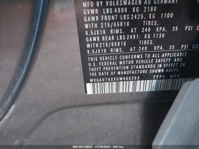 WVGAV7AXXGW605253 Volkswagen TIGUAN S