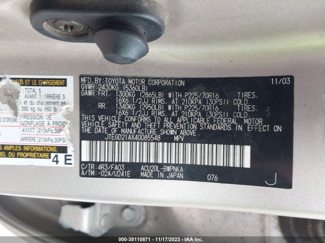 2004 TOYOTA HIGHLANDER VIN: JTEGD21AX40085548