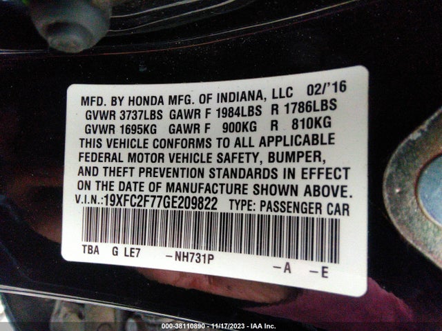 Honda CIVIC EX 2016 19XFC2F77GE209822 Image 9
