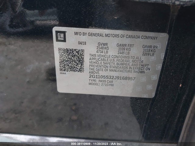Chevrolet IMPALA 1LT 2018 2G1105S32J9168957 Image 9