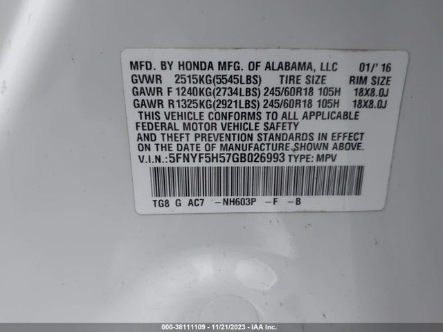 Honda Pilot Ex-l 2016 5FNYF5H57GB026993 Image 9