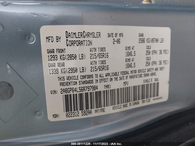 2006 CHRYSLER TOWN & COUNTRY LIMITED VIN: 2A8GP64L56R797984