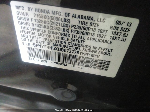 2013 HONDA PILOT EX-L VIN: 5FNYF4H5XDB073778
