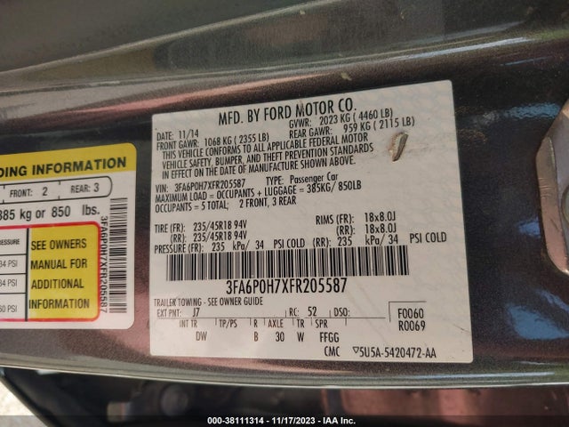 Ford FUSION SE 2015 3FA6P0H7XFR205587 Image 9