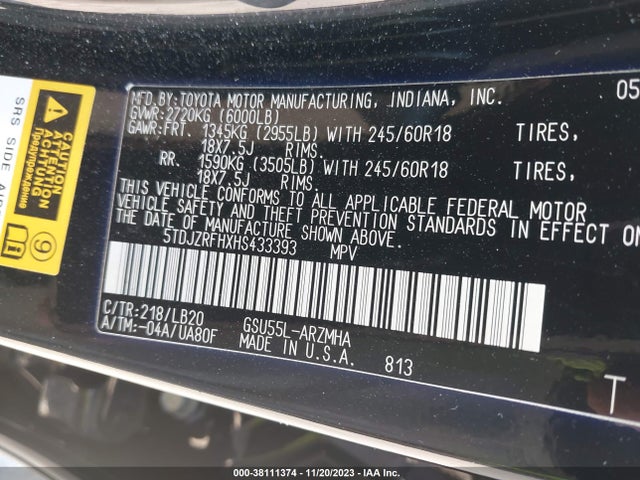 2017 TOYOTA HIGHLANDER XLE VIN: 5TDJZRFHXHS433393