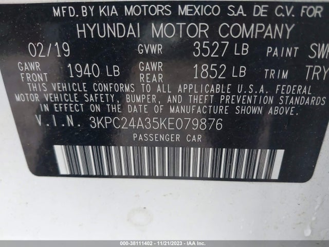 2019 HYUNDAI ACCENT SE VIN: 3KPC24A35KE079876