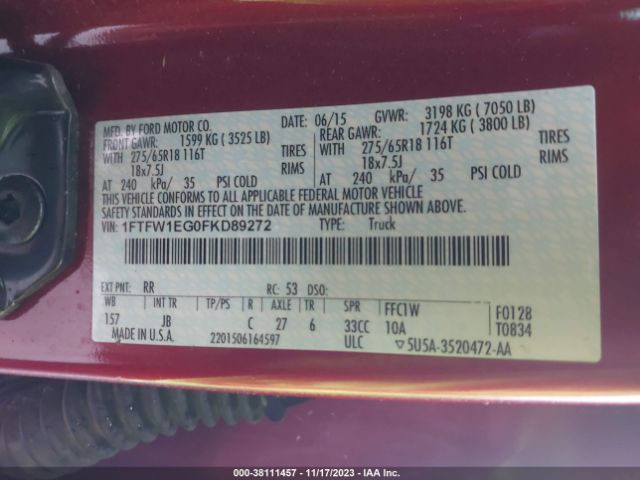1FTFW1EG0FKD89272 Ford F-150 Xlt