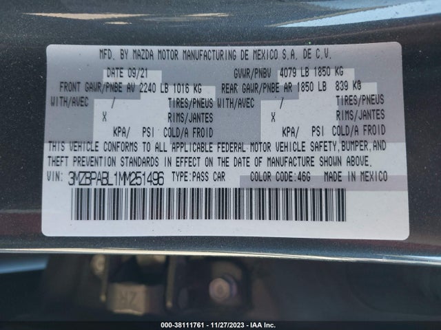 2021 MAZDA MAZDA3 SELECT VIN: 3MZBPABL1MM251496