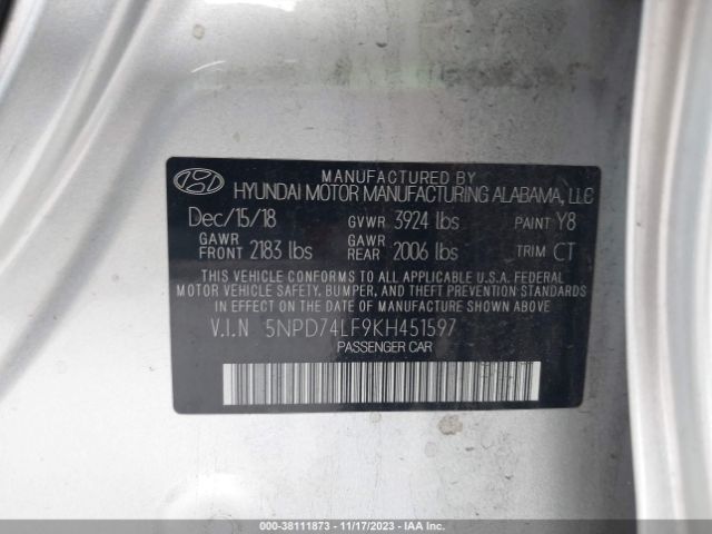 2019 HYUNDAI ELANTRA 5NPD74LF9KH451597 Photo 8