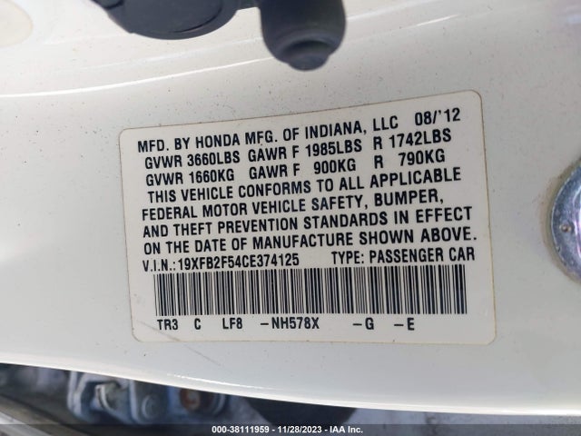 2012 HONDA CIVIC LX VIN: 19XFB2F54CE374125