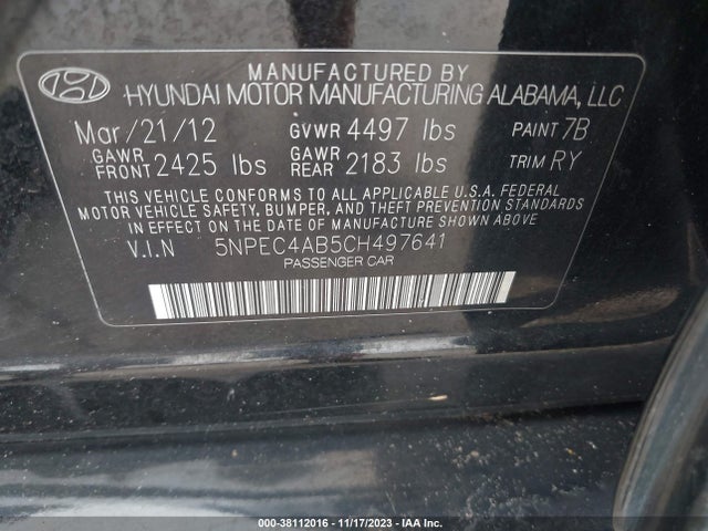 2012 HYUNDAI SONATA LIMITED 2.0T VIN: 5NPEC4AB5CH497641
