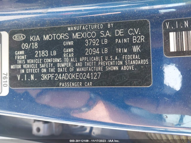 2019 KIA FORTE LXS VIN: 3KPF24AD0KE024127