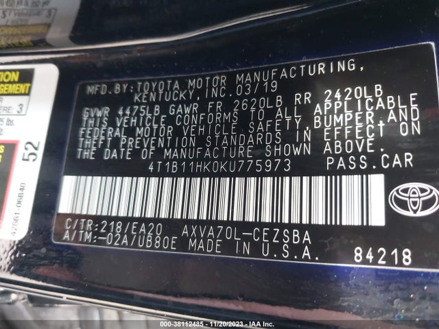 Toyota CAMRY SE 2019 4T1B11HK0KU775973 Image 9
