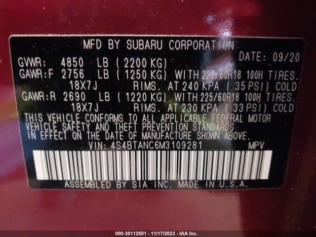 2021 SUBARU OUTBACK LIMITED VIN: 4S4BTANC6M3109281