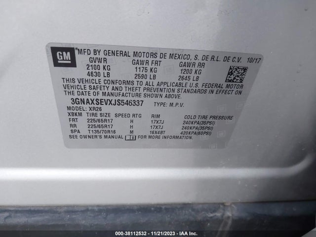 Chevrolet EQUINOX LT 2018 3GNAXSEVXJS546337 Image 9