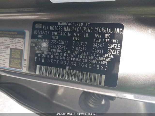2018 KIA SORENTO 2.4L LX VIN: 5XYPGDA34JG401833