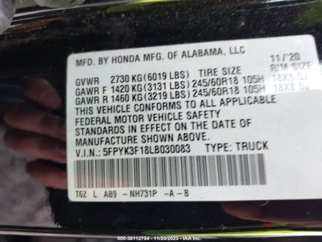 5FPYK3F18LB030083 Honda Ridgeline Awd Sport