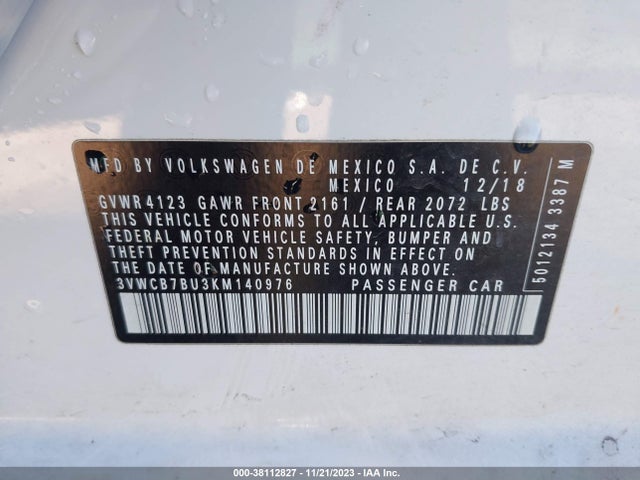 2019 VOLKSWAGEN JETTA 1.4T R-LINE/1.4T S/1.4T SE VIN: 3VWCB7BU3KM140976
