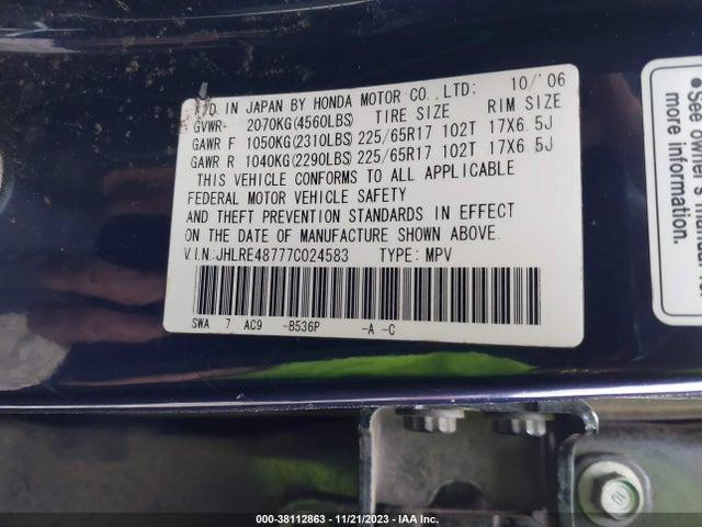 2007 HONDA CR-V EX-L VIN: JHLRE48777C024583