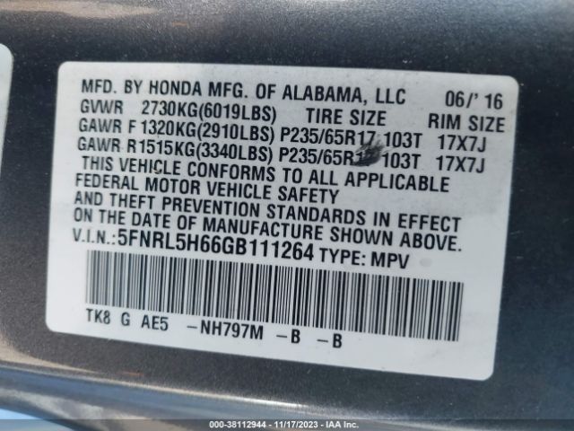 5FNRL5H66GB111264 Honda Odyssey Ex-l