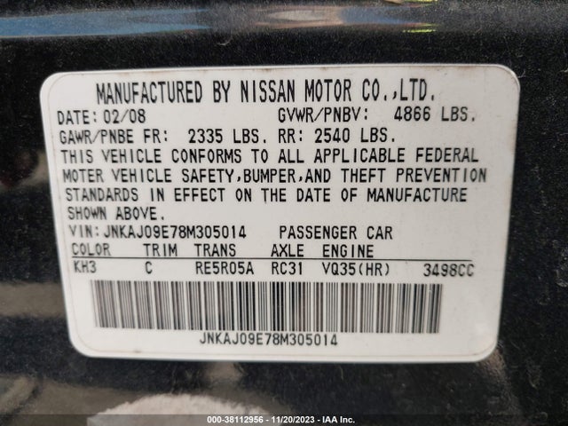 2008 INFINITI EX35 JOURNEY VIN: JNKAJ09E78M305014
