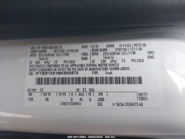 1FTBR1X81MKB00876 Ford Transit-250 Cargo Van